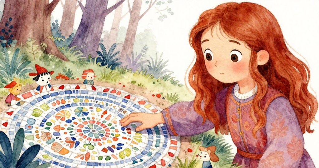 Elisa輕觸古老馬賽克，細膩花紋與鮮豔色彩映入眼簾，表現出對隱藏寶藏的無限好奇與專注。