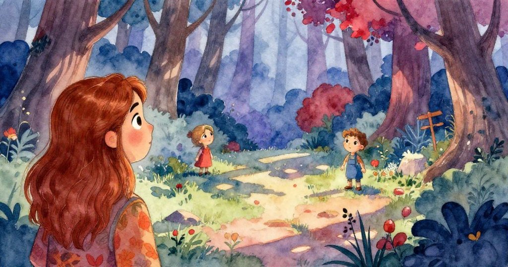 從背影望去，Elisa凝視神秘林間空地，光與影交織中流露無盡好奇，充滿探索未知的期待。