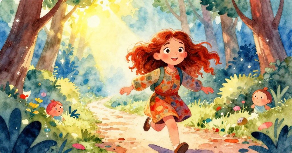 Elisa躍動向前追逐神秘光芒，動態場面充滿活力與決心，森林小徑展示出奇幻冒險的曙光。