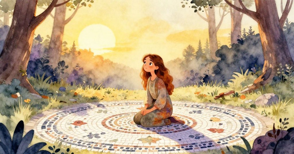 夕陽餘暉中，Elisa跪臥於瑰麗馬賽克旁，眼神蘊含回憶與夢想，靜謐清空展現人生轉變之美。