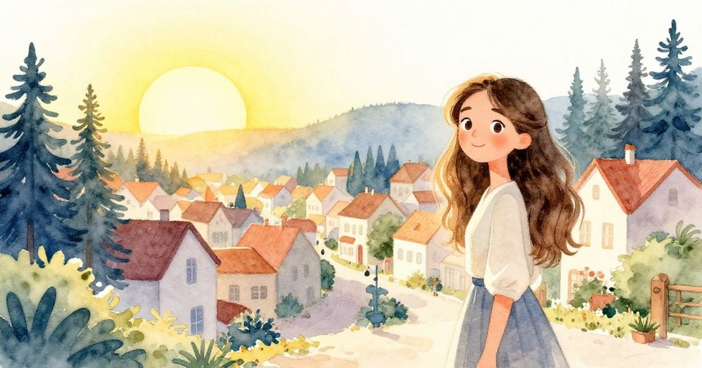 阿梅莉亞在清晨的金色陽光中踏入寧靜小鎮,背景有松樹及小鎮建築,臉上充滿期待與喜悅。