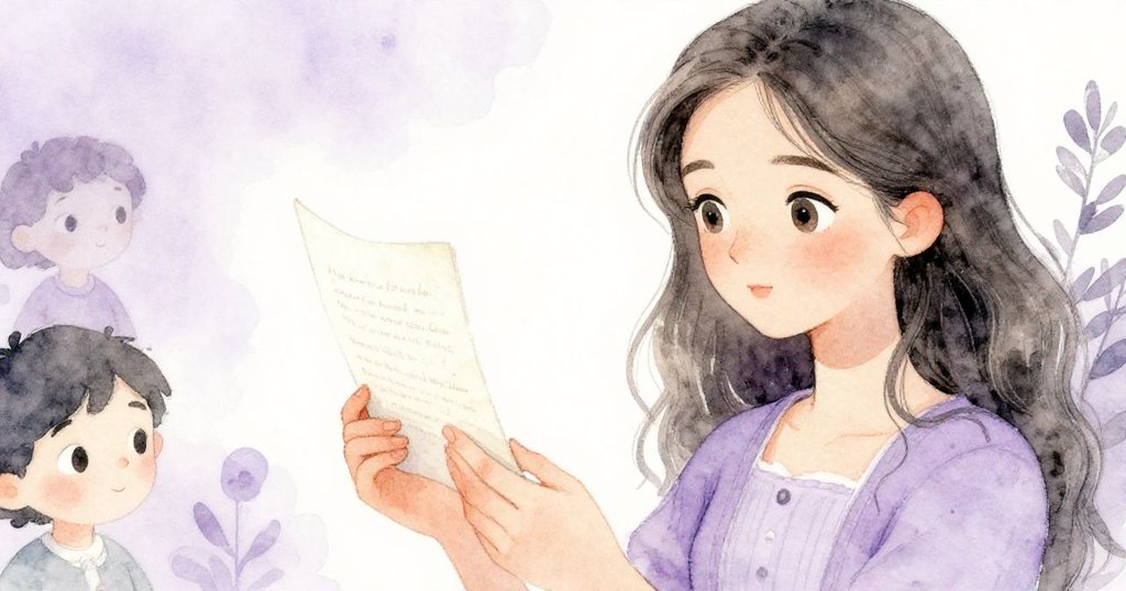 阿梅莉亞專注閱讀神秘信件,信上細膩字跡引起她的好奇與決心,手部與信件細節清晰可見。