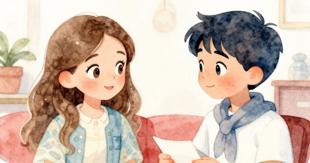 從阿梅莉亞肩後視角展現與馬可深情對話,兩人神情專注探討信件中隱藏的訊息,室內溫馨氛圍映襯情感。