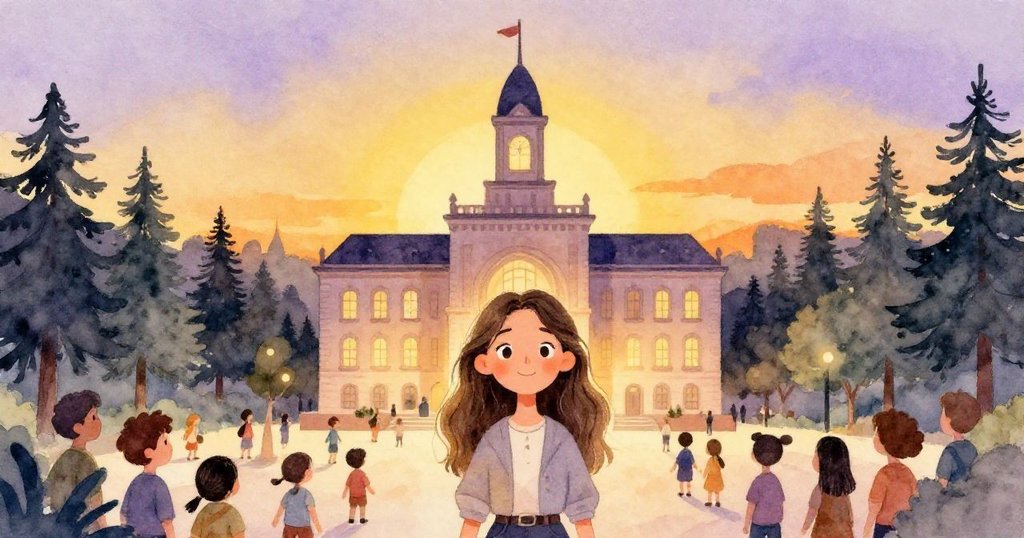 在琥珀夕陽與松香映襯下,小鎮大廳洋溢著慶典期待,阿梅莉亞融入環境中,氛圍溫暖而充滿希望。