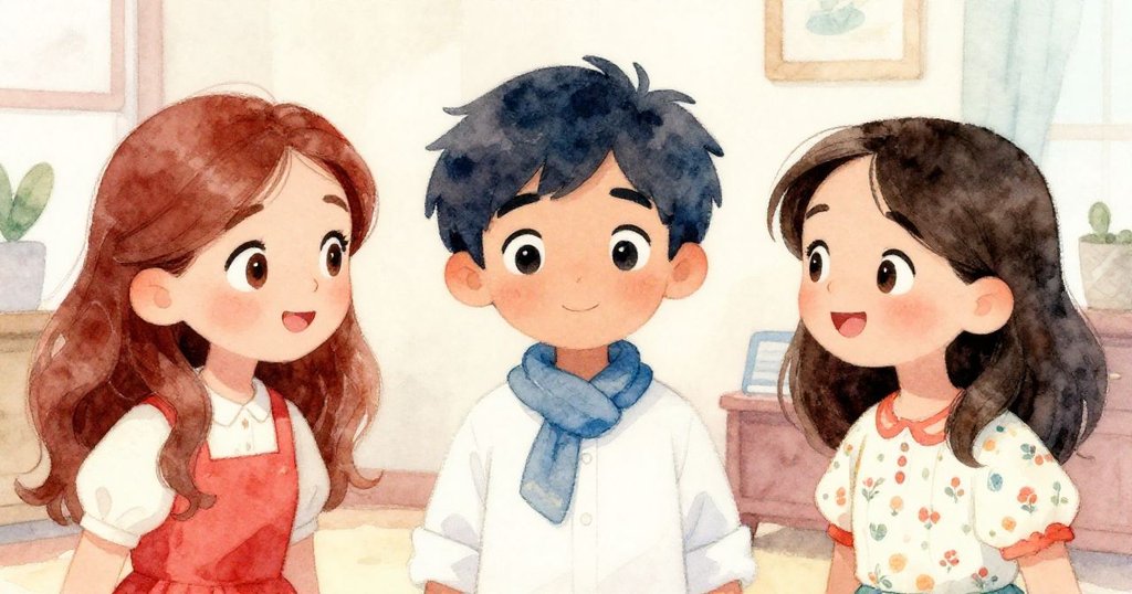 阿梅莉亞、馬可與莉娜聚在一起熱烈討論,表情真摯充滿希望與互助,室內溫暖燈光映襯著情誼。