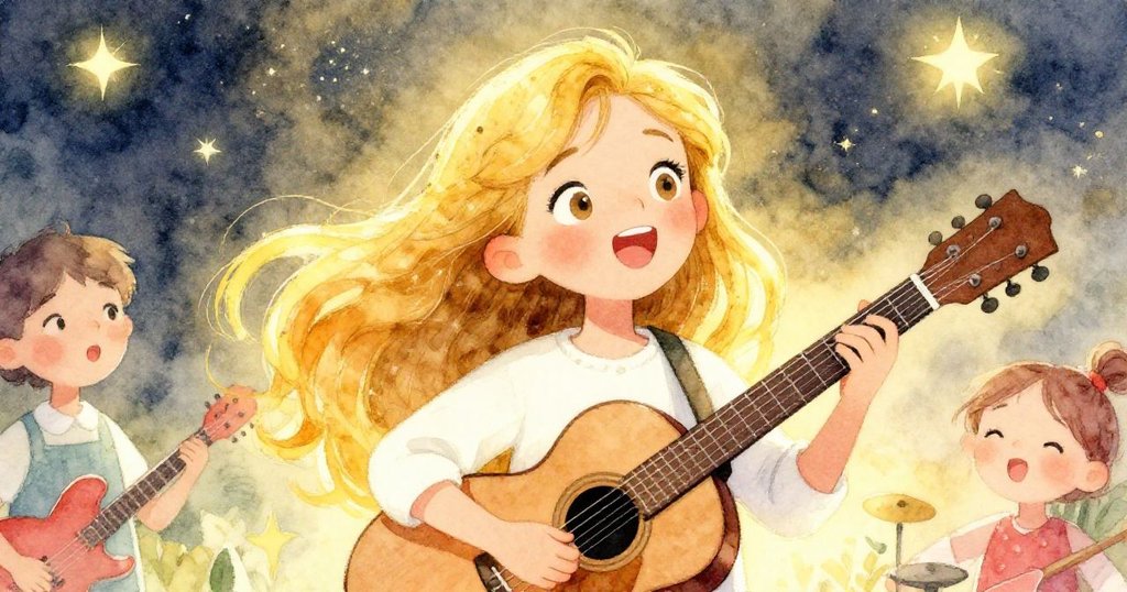 在星光與金黃夜色中,阿梅莉亞全情演奏,臉上洋溢著喜悅與堅定,音樂彷彿點亮了整個夜晚。