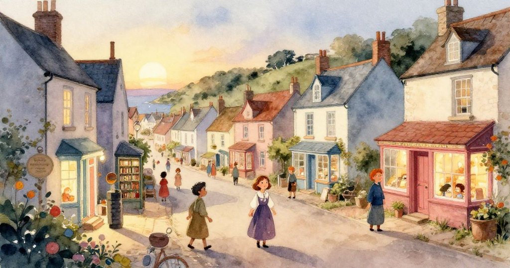 在晨曦中，小鎮呈現柔和桃色與米白光芒，Elena在遠處悠步，海浪與古舊街道象徵著新的冒險開始。