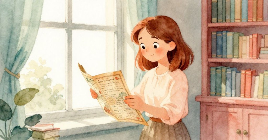 在圖書館內，Elena透過大窗凝視外面熱鬧小鎮，同時觸摸古老地圖與信件，展現探索歷史的決心。