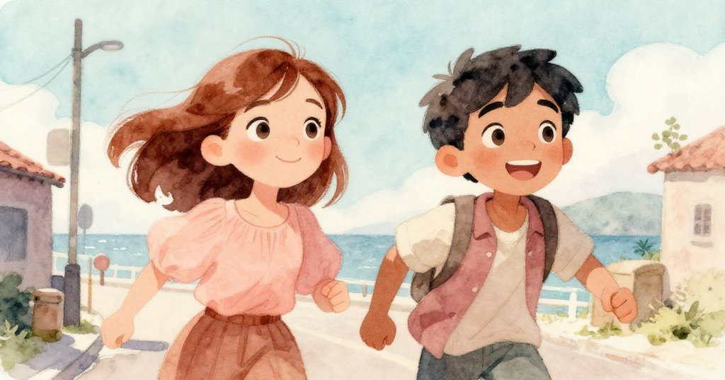 Elena與Marcus在海風輕拂的小鎮上互動，Elena手持信件，Marcus指向遠方，風起紙飛，預示著冒險的開始。