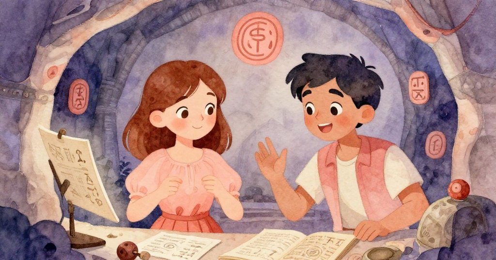 在隱密古室中，Elena與Marcus興奮發現充滿古文獻和象徵自由的文物，互動中流露出驚喜與熱忱。