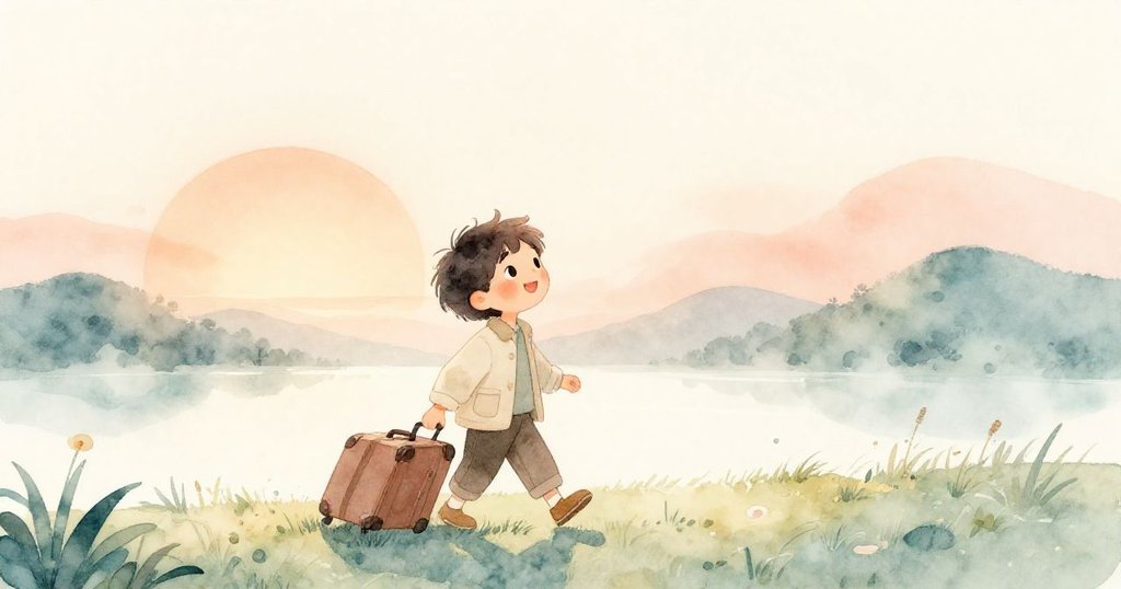 敘述者清晨踏上旅程，背著行李，迎著暖色日出，充滿期待與好奇，背景是寧靜的鄉村與露水草地。