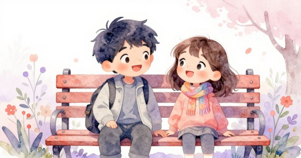 敘述者與好友在公園長椅上熱情聊著天，面帶笑容神情生動，周圍花草點綴，溫暖而愉快。