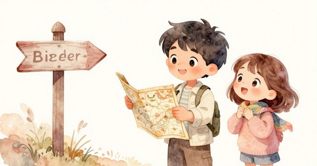 敘述者手持精緻舊地圖仔細觀察，好友在旁好奇注視一塊略顯陰森的路標，背景展示自然鄉間小徑。