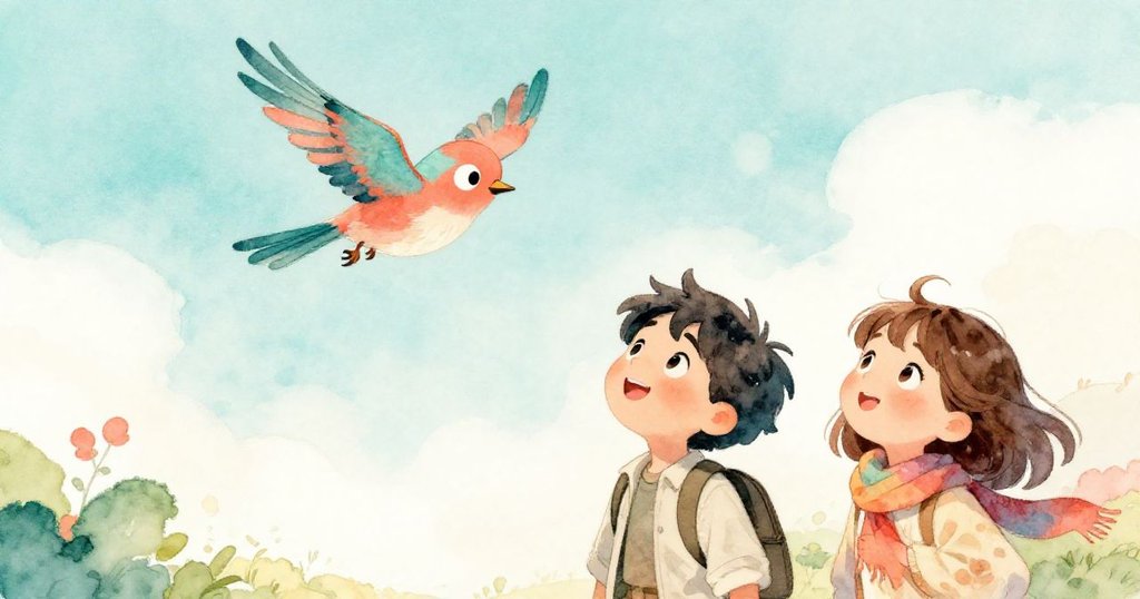 敘述者與好友驚喜凝望，彩色鳥兒在蔚藍天空中振翅高歌，奇妙音律讓人心中充滿驚嘆與快樂。