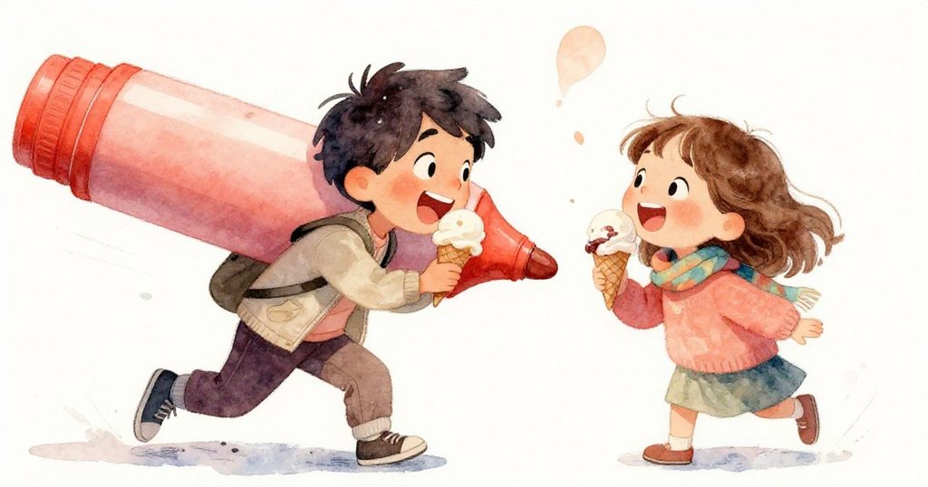 敘述者與好友快樂分享冰淇淋，動感互動中對一塊巨大驚喜路標捧腹大笑，背景充滿節日氣氛與輕快色調。