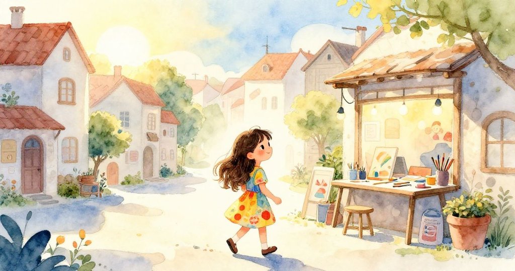 莉拉在晨曦中走向明亮的工作室，環境充滿溫暖光線，小鎮背景中展現出期待與好奇的情緒。