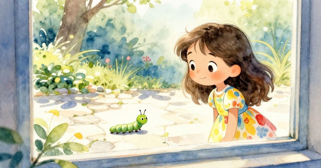 莉拉透過窗戶好奇地看著一道陽光灑落的石板路上，一隻小毛毛蟲正緩緩前行，充滿驚喜與期待。