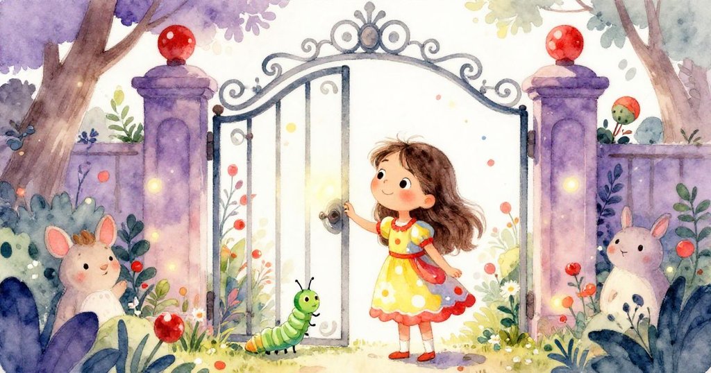 莉拉與小毛毛蟲來到隱秘大門前，門後展現出一座迷人的秘密花園，光影交融中透露出魔法與藝術的奇妙融合。