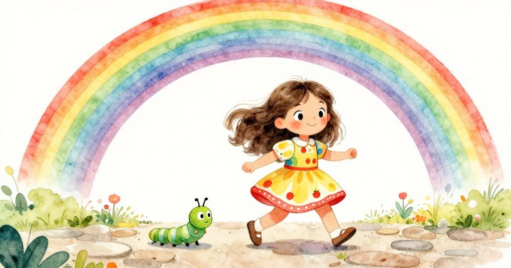 莉拉和小毛毛蟲在石板路上快步前行，頭頂彩虹高懸，動感十足的場景展現出冒險與快樂的情緒。