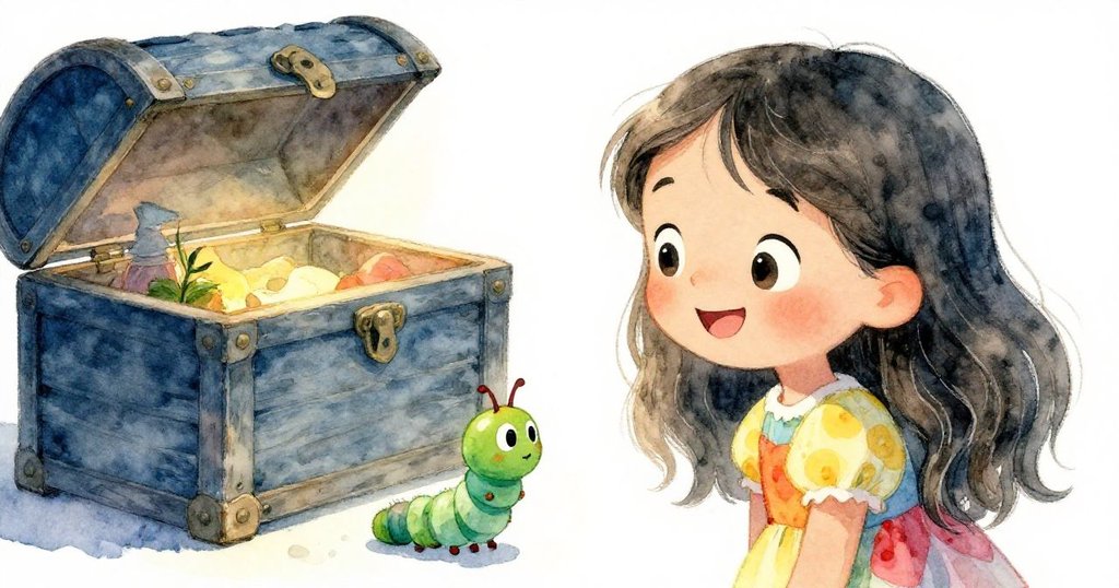 莉拉與小毛毛蟲在發現古老寶藏後互相道別，臉上洋溢著幸福和希望，溫暖燈光中帶出美好回憶與未來夢想。