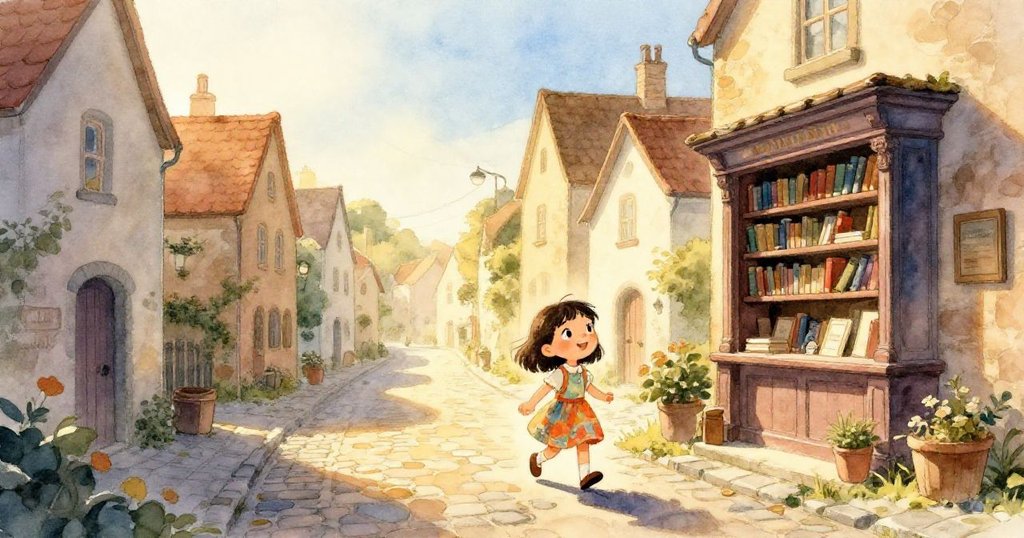 露娜迎著初晨金光走向鄉村圖書館，充滿期待與活力，背景有古樸街道、石板路與溫暖陽光映照。
