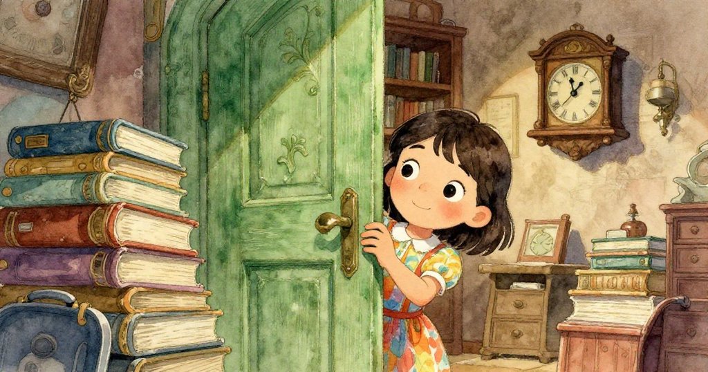 露娜專注檢視藏於書架後的秘密門，細膩刻畫古老時鐘與舊書，神秘氛圍中展露無限好奇。