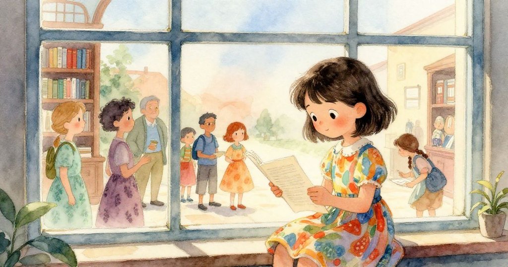 露娜站在圖書館大窗邊仔細閱讀會議紀要，窗外光影交錯，村民們溫馨互動，營造學習與共融氛圍。