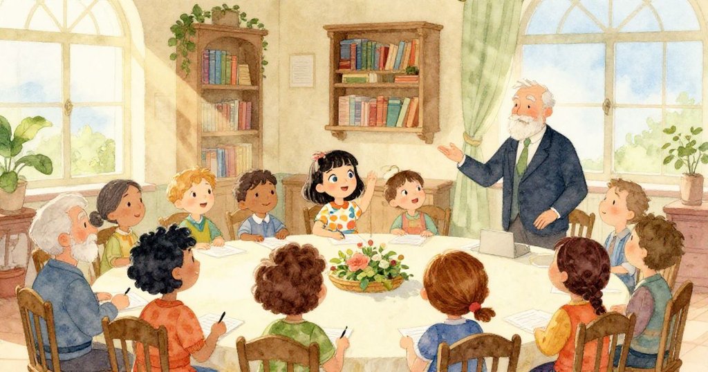 村民們在溫暖陽光照耀下於圖書館會議室激烈討論各自夢想與角色，露娜與市長展露堅定神情。