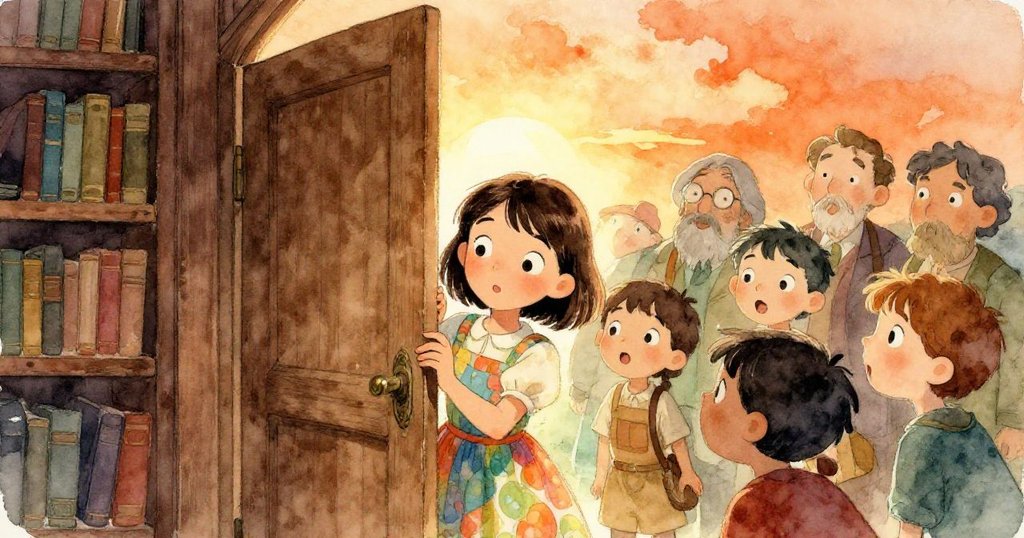 當古老時鐘敲響時，秘密門緩緩打開，露娜與夥伴驚喜凝視，微光中流露出神秘寶藏的魅力。