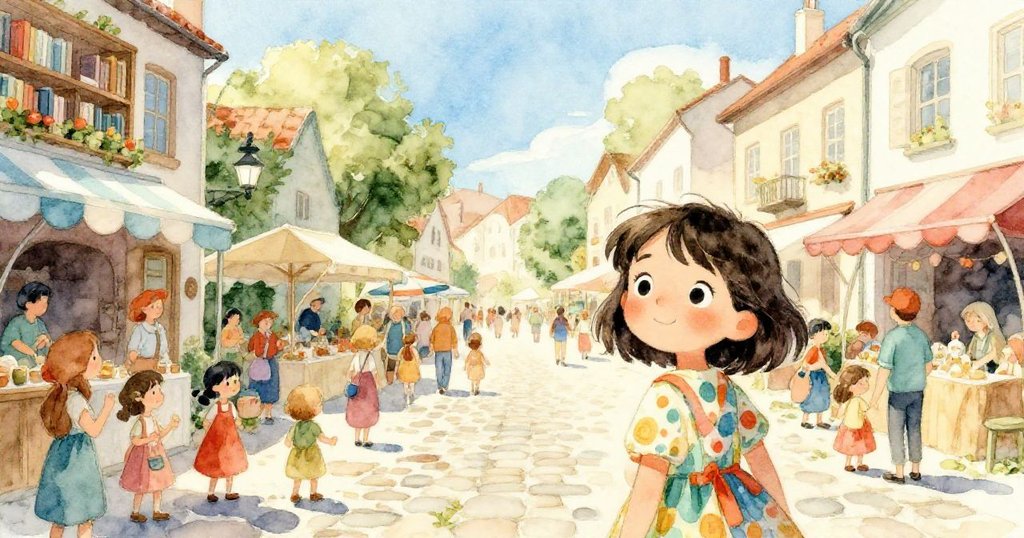 在石板街上舉行的圖書館節慶中，露娜與村民歡聚一堂，家庭笑語盈盈，共享充滿希望與團結的美好時光。