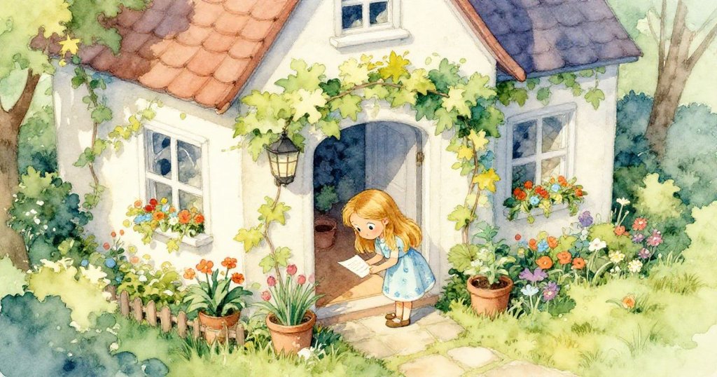 莉莉在清晨明亮的庭院中發現神秘信件，從空中俯瞰展現溫暖宜人的家園背景，充滿期待與好奇。