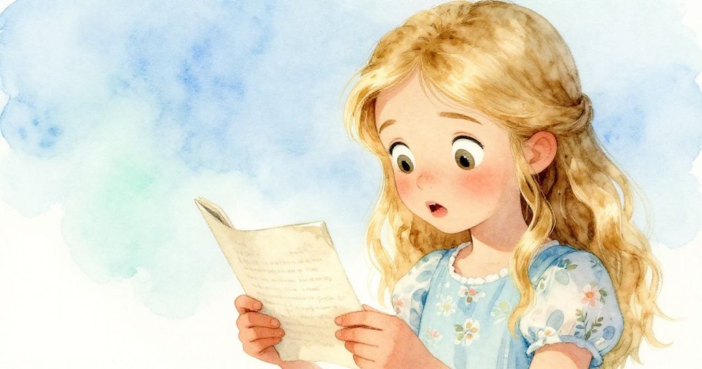 莉莉近距離凝視手中信件，表情驚喜與好奇，室外光線柔和，信件細節清晰展現冒險開端。