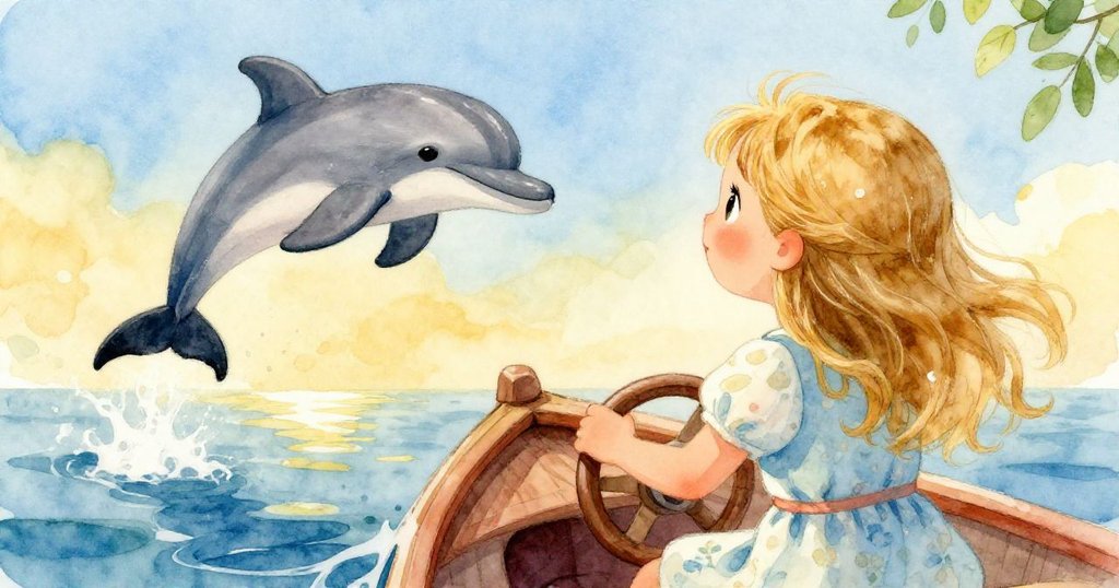 莉莉從背後望向蔚藍海面，駕駛小船出海時與嬉戲的海豚互動，展現出冒險與希望的動感瞬間。