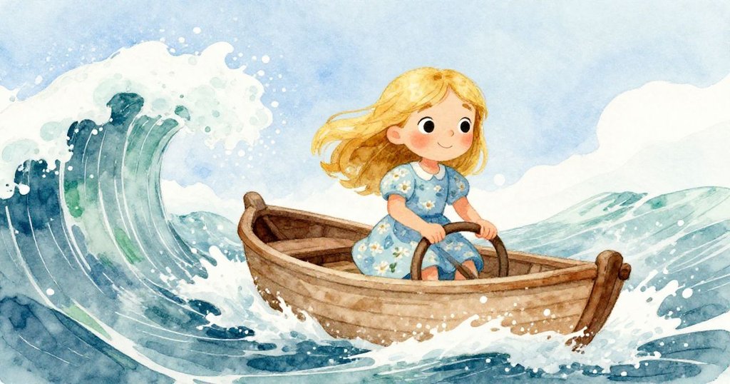 小船在激流中劇烈搖晃，莉莉緊握舵柄面帶堅定，海浪翻滾展現出面對挑戰的英勇與冷靜。