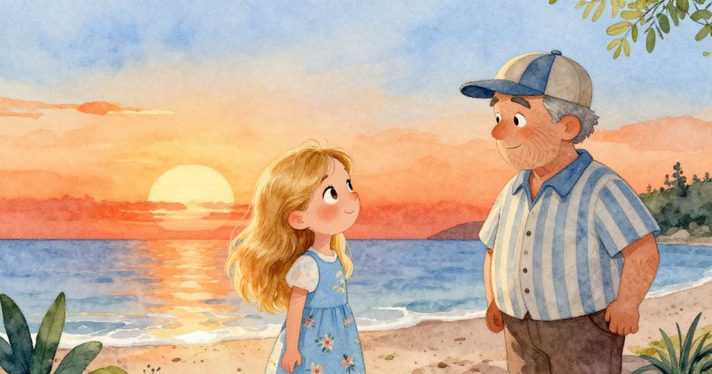 夕陽餘暉中，莉莉與漁夫在海岸告別，笑容滿面，背景呈現金橙色日落與寧靜海灣，充滿溫暖與希望。