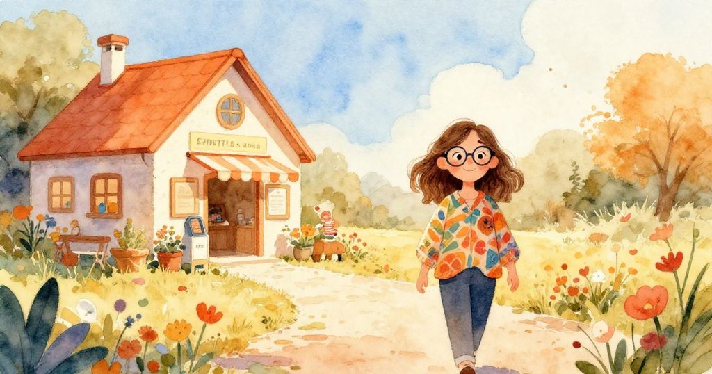 薩曼莎站在溫暖曦光中的展覽館前，邁著堅定步伐，充滿夢想與期待，背景有花草與藍天。