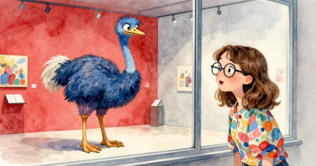 薩曼莎透過展覽館的大窗凝視室內巨大異想雕塑鴕鳥，眼中充滿驚奇與探索，突顯藝術奇思。