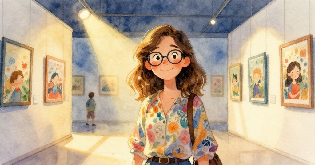 展覽館內光影交錯，薩曼莎在金色光束與冷藍陰影中細看藝術品，感受色彩氛圍的變幻與魅力。