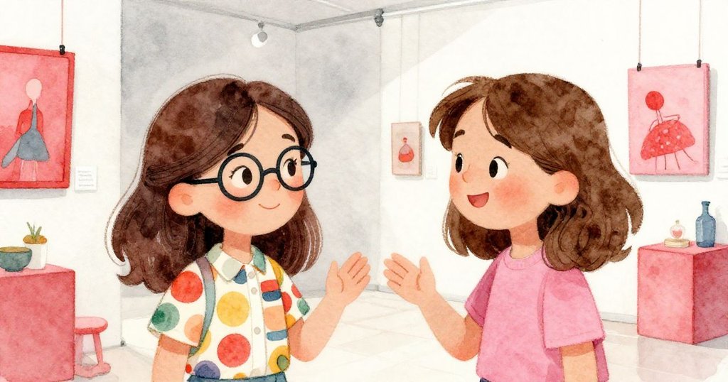 薩曼莎與導師在展覽角落熱情交流，彼此互動展現創意與笑容，背景隱現藝術細節，情誼深厚。