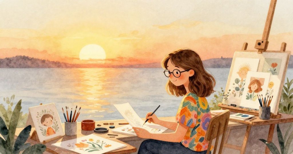 在夕陽映照的靜謐工作室內，薩曼莎靜觀自己的作品，心中滿懷感激與成就感，圖片展現和煦創意氣氛。