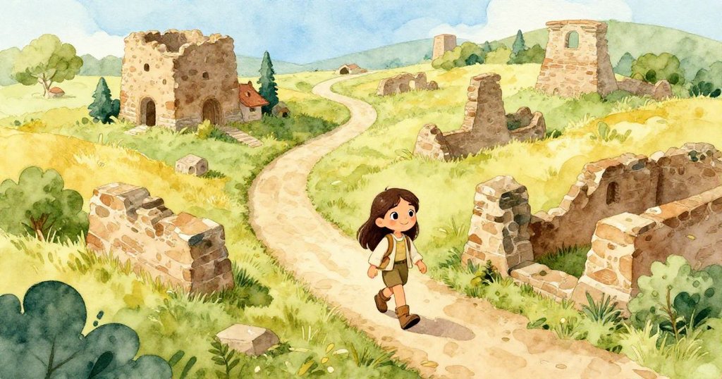 瑪麗亞在清晨的鄉村道路上出發，天空藍與晨光灑落，展開探索古老遺跡的夢想旅程，充滿期待與好奇。