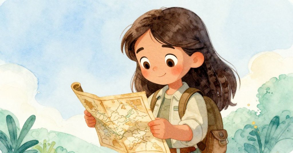 瑪麗亞凝視老舊的地圖，眼中滿是好奇與驚奇，呈現探索未知與家族秘密的堅定決心。