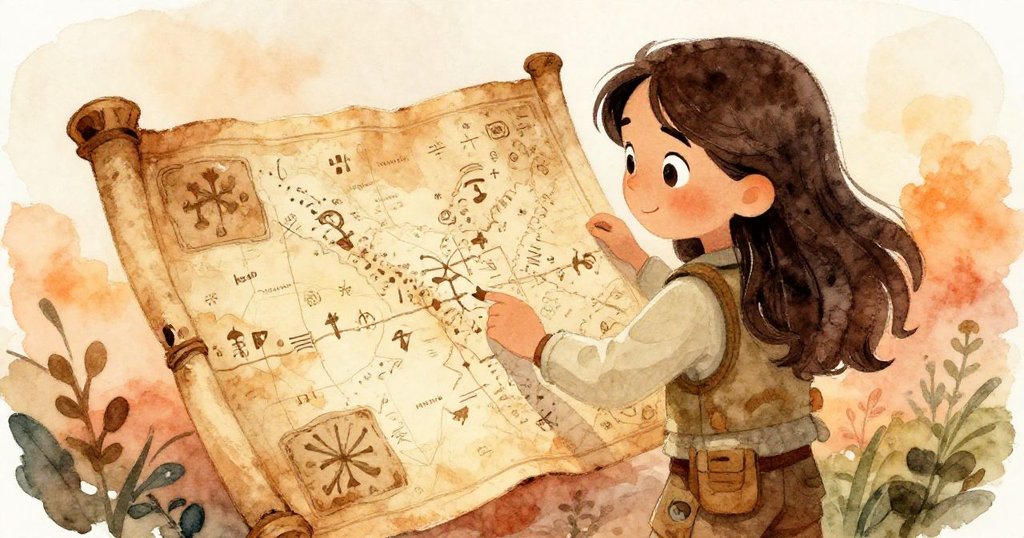 從瑪麗亞的背影看見地圖上斑駁符號，她仔細解讀謎題，預示著未來冒險中的秘密線索。