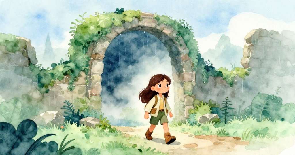 瑪麗亞在迷霧籠罩的遺跡入口間前行，輕雨與陰影交錯，透露著大自然的神秘警告。