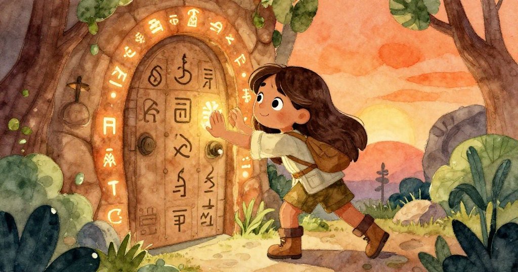 在幽暗秘密室中，瑪麗亞觸碰古老符文，隨著光芒閃爍，展現解鎖神器的關鍵時刻。