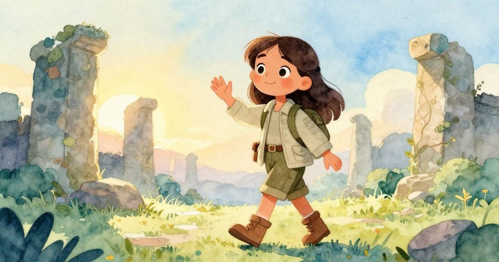 帶著新獲得的智慧，瑪麗亞向神秘遺跡告別，步出光影交錯的出口，充滿希望與感恩。