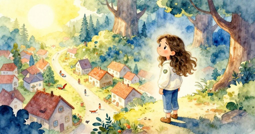 Luna站在鄉村邊緣，從空中俯瞰廣闊森林，神情期待充滿冒險，背景有村莊與古樹環繞。