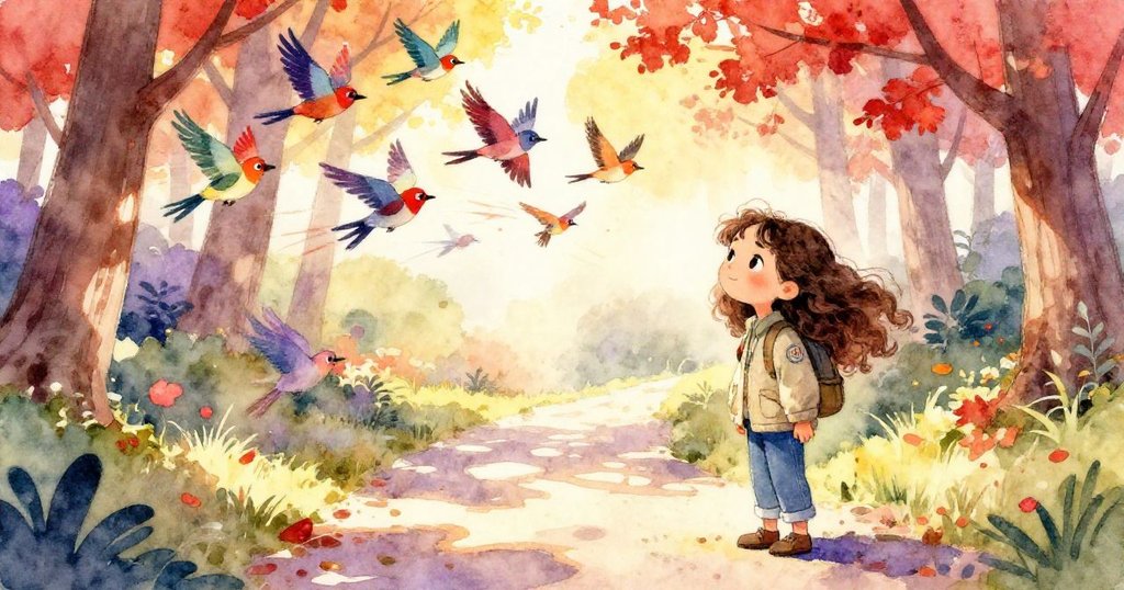 Luna站在秋天森林小徑上驚喜地仰望，鮮豔鳥群飛舞，落葉飄散營造溫暖自然氛圍。