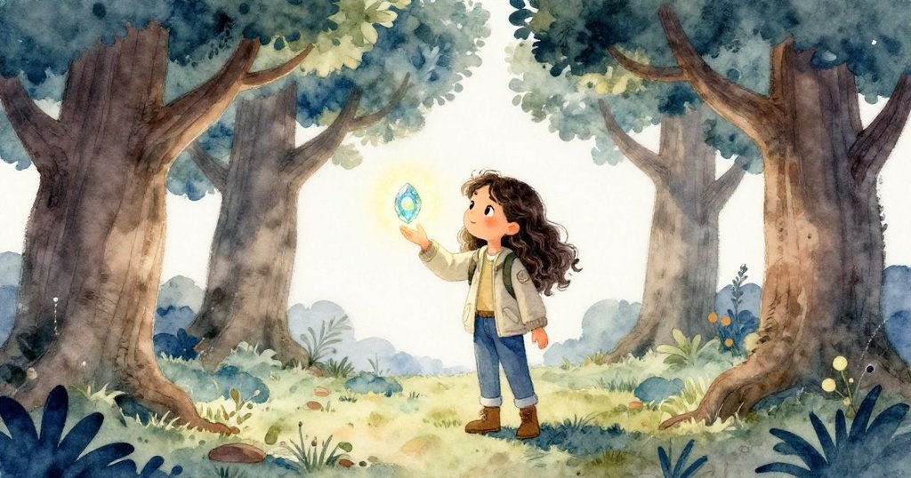 Luna置身古樹叢中，輕觸一件發閃光的古老遺物，臉上充滿驚嘆，背景呈現古樹與神秘光暈。