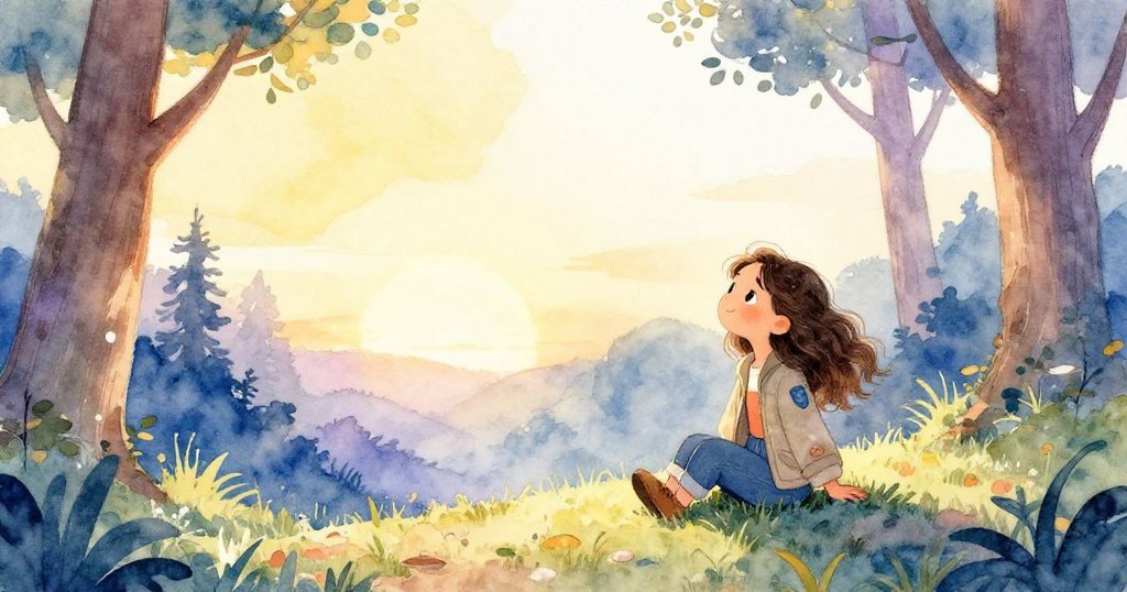 Luna坐在森林邊緣眺望落日，柔和夕陽映照大地，神情寧靜滿足，整體氛圍溫馨充滿希望。